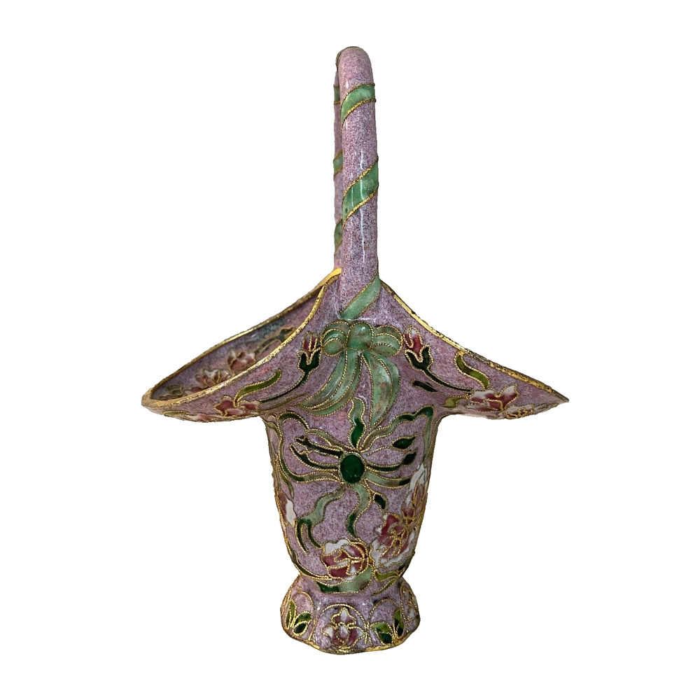 Vintage Decorative Cloisonne Purple Enameled Basket With Floral Textured